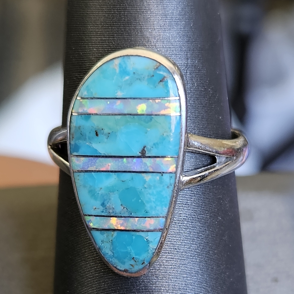 Santa Fe Style Kingman Turquoise Opal Inlay Ring